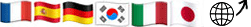 multilingual video flag icons -  french spanish german korean italian and japanese flags next to a globe and an arrow pointing up to the video above